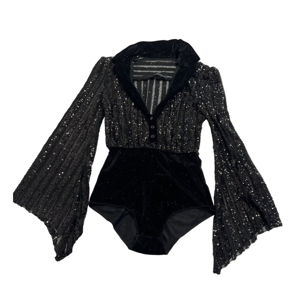 Sheila Frank Bell Sleeve Sequin Bodysuit in Black